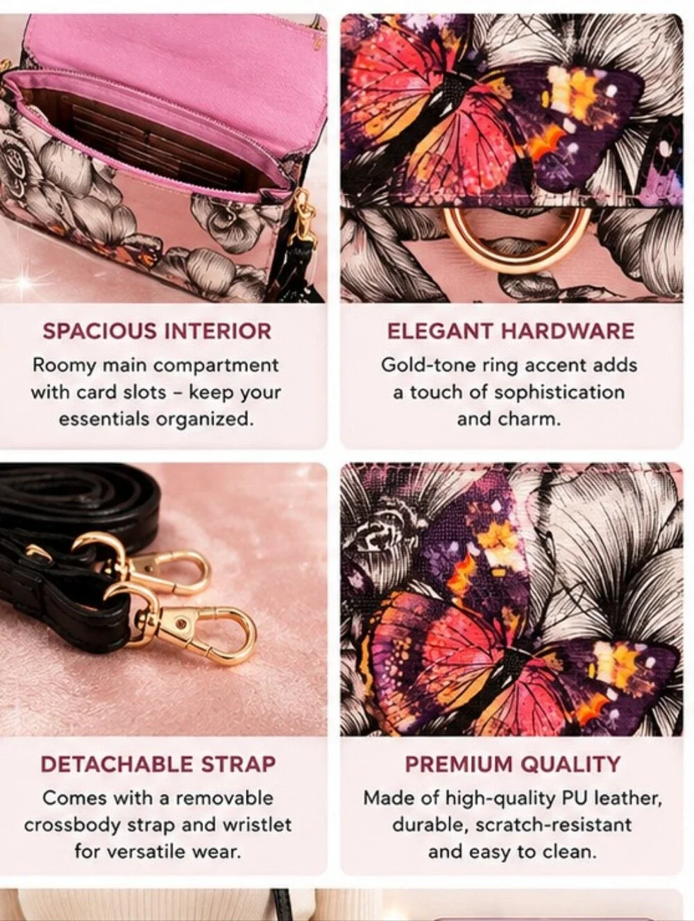 BUENO COLECCION FLORAL & BUTTERFLY 🦋 CROSSBODY BAG - PINK/BLACK /GRAY